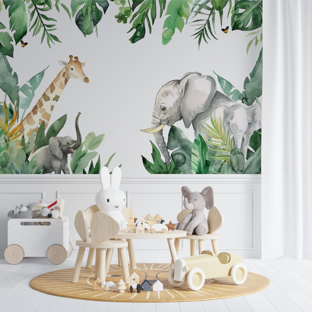 Papier Peint Safari Animaux de la Jungle et Feuillage Aquarelle Example de Design 2