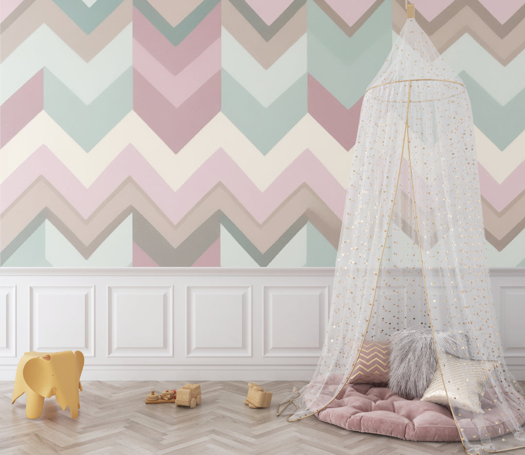 Papier Peint Géométrique Chevrons Pastel Rose et Vert Sauge Example de Design 2