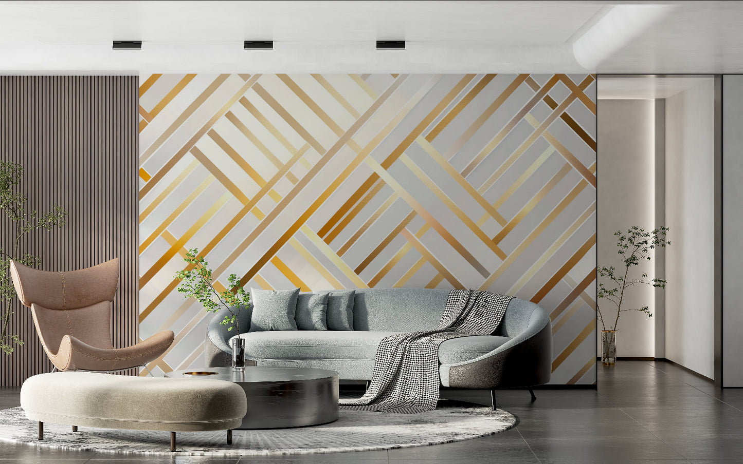 Papier Peint Géométrique Lignes Art Déco Blanc et Doré Example de Design 2