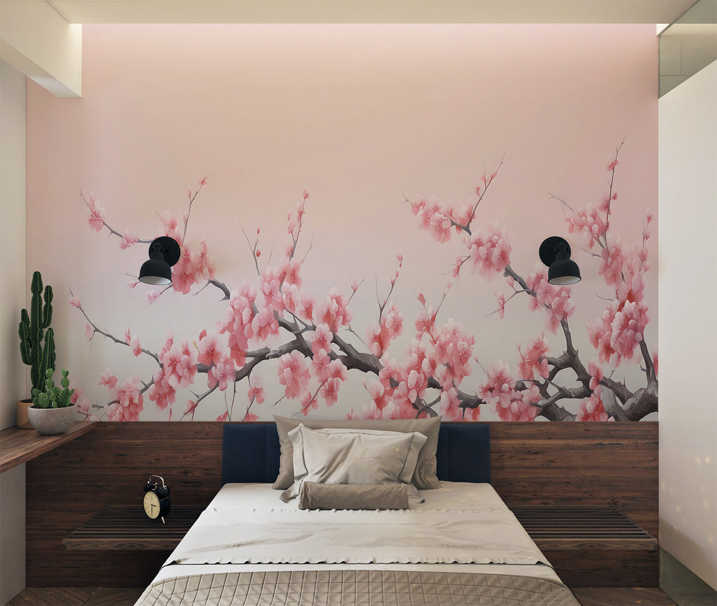 Papier Peint Cerisier Japonais Fleurs de Sakura sur Dégradé Gris Example de Design 2