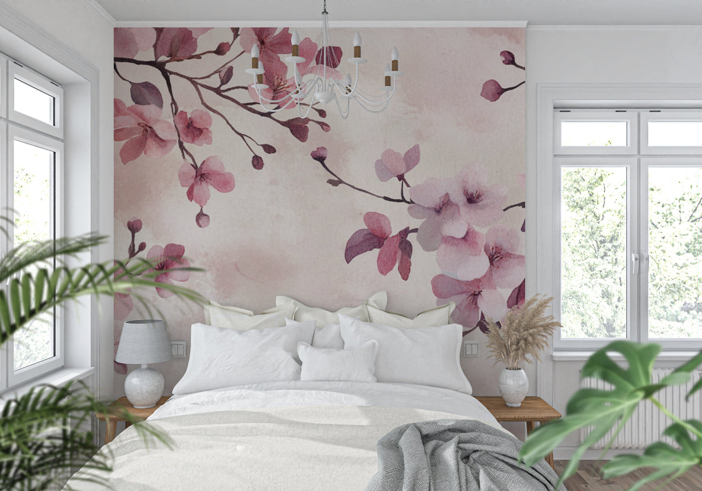 Papier Peint Fleurs de Cerisier Aquarelle Japonaise Rose et Mauve Example de Design 2