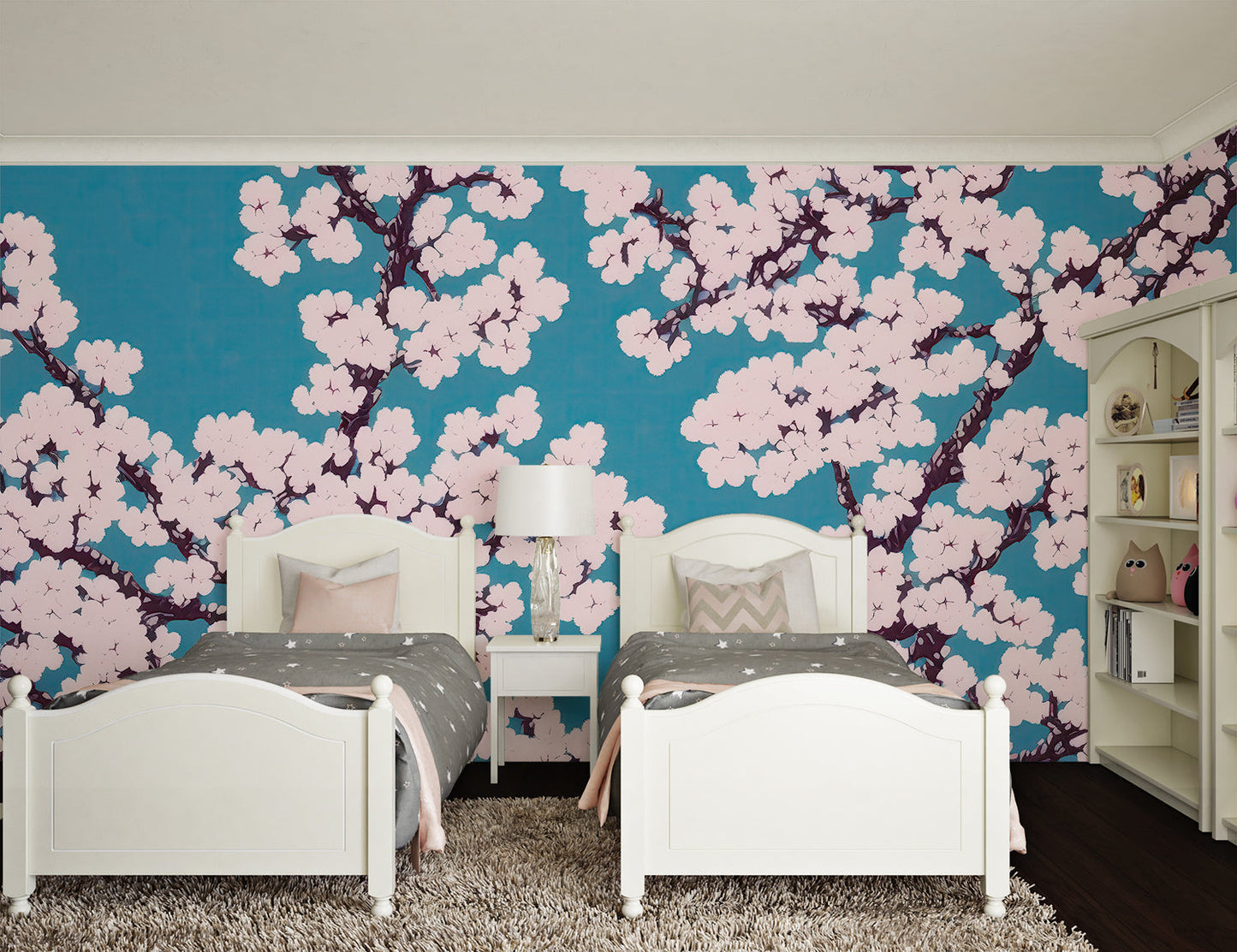 Papier Peint Japonais Fleurs de Cerisier sur Fond Bleu Canard Example de Design 2