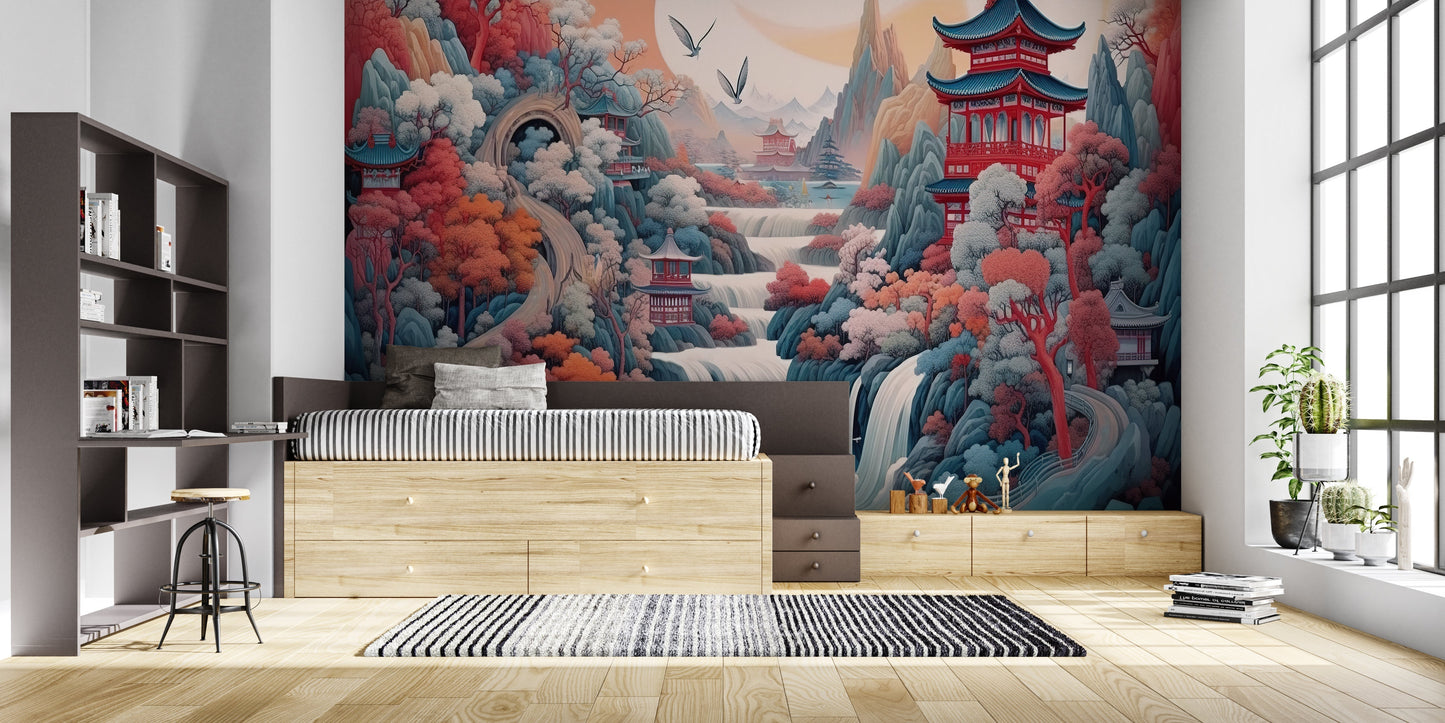 Papier Peint Japonais Paysage Traditionnel avec Pagodes et Cerisiers Example de Design 2
