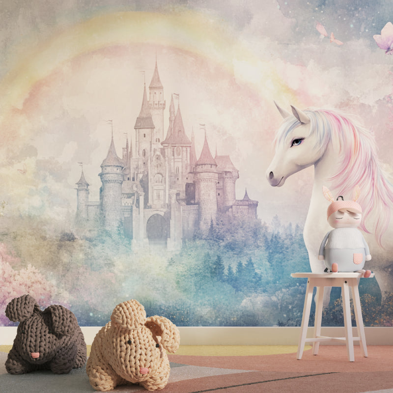 Papier Peint Licorne Château Magique avec Arcenciel Pastel Example de Design 2