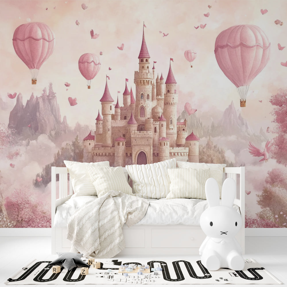 Papier Peint Château de Princesse Montgolfières Roses et Papillons Enchantés Example de Design 2
