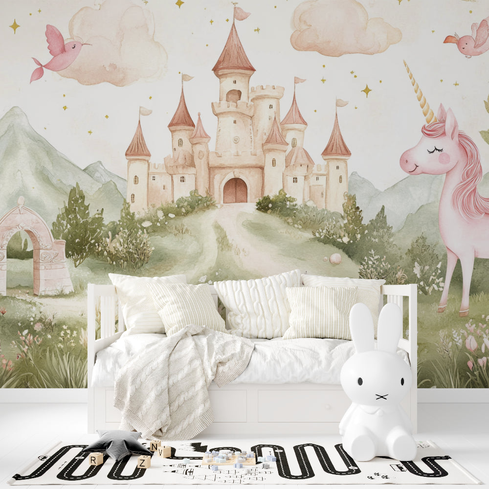 Papier Peint Château de Princesse Licorne et Oiseaux Style Aquarelle Example de Design 2