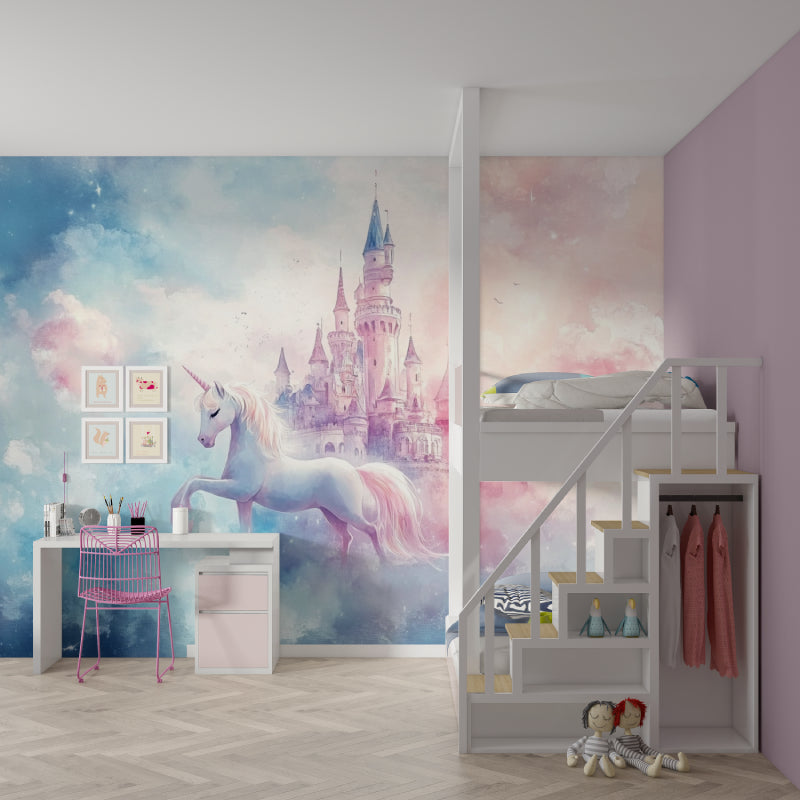 Papier Peint Licorne Château Féerique dans les Nuages Roses et Bleus Example de Design 2