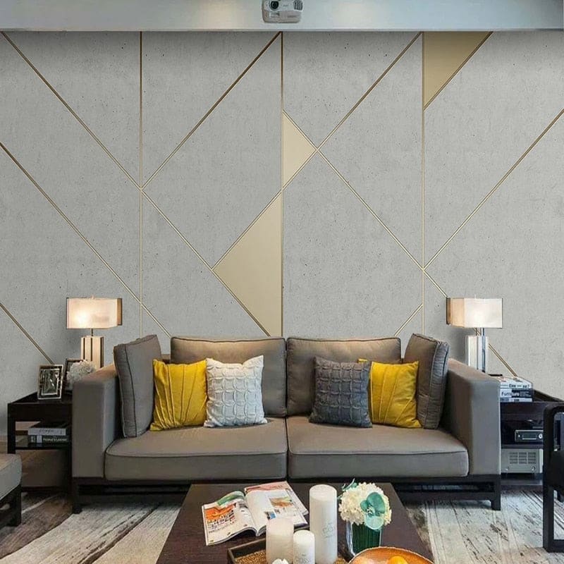 Papier Peint Géométrique Motif Art Déco Gris et Doré Example de Design 2