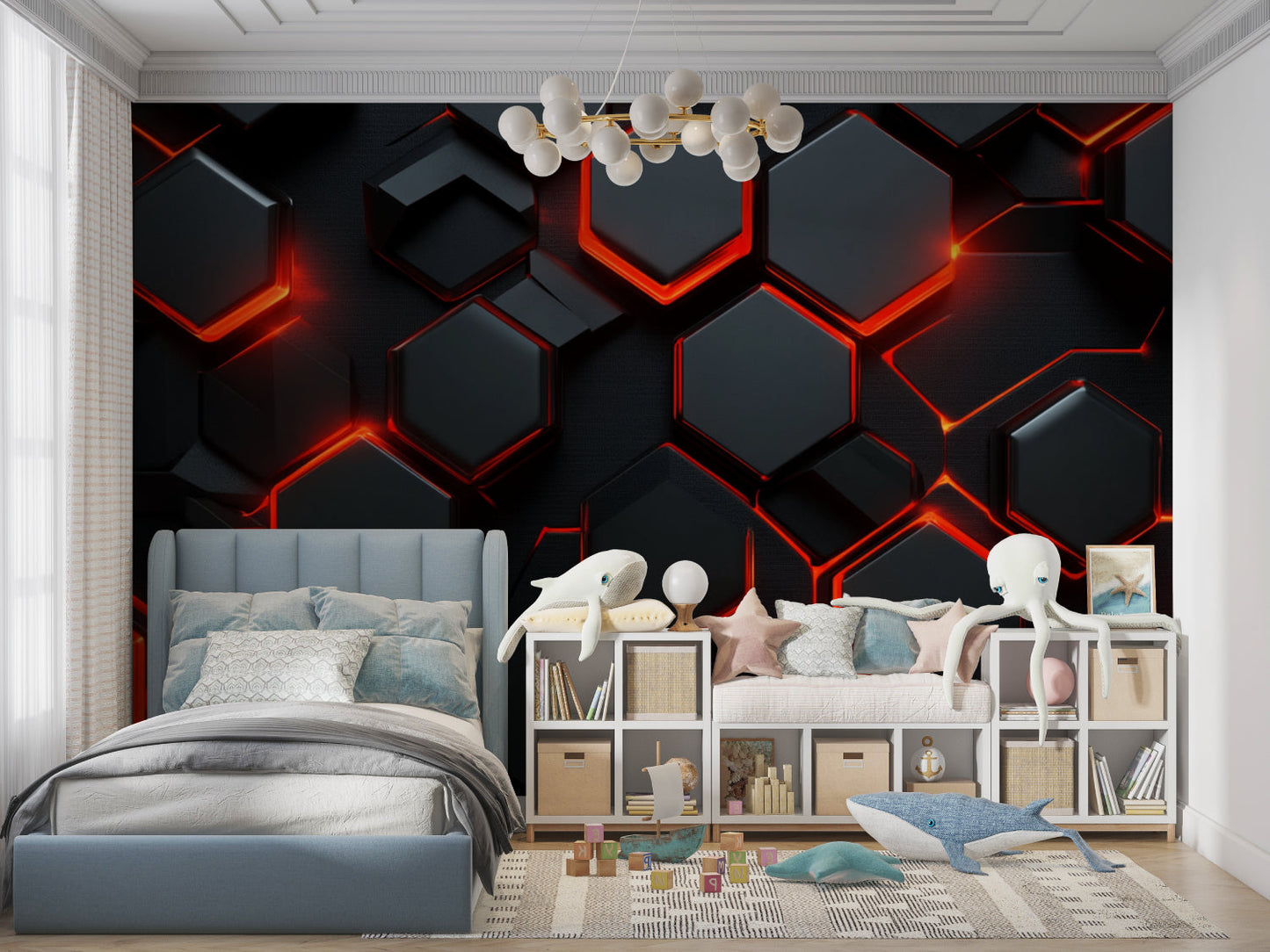 Papier Peint Géométrique Hexagones Noirs avec Contours Lumineux Rouge Example de Design 2