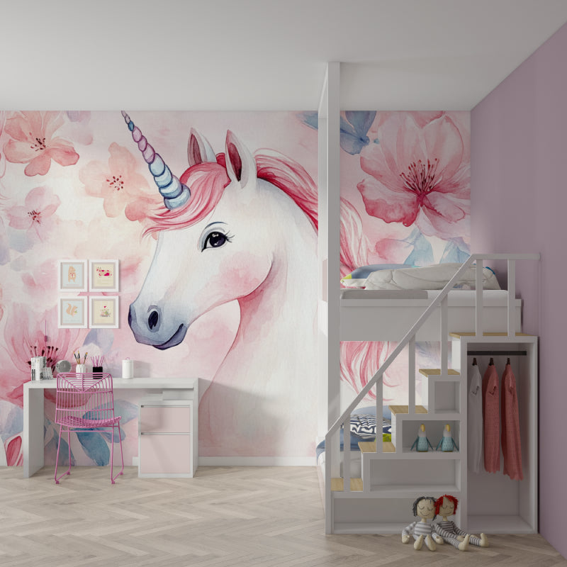Papier Peint Licorne Aquarelle Florale Rose et Féérique Example de Design 2