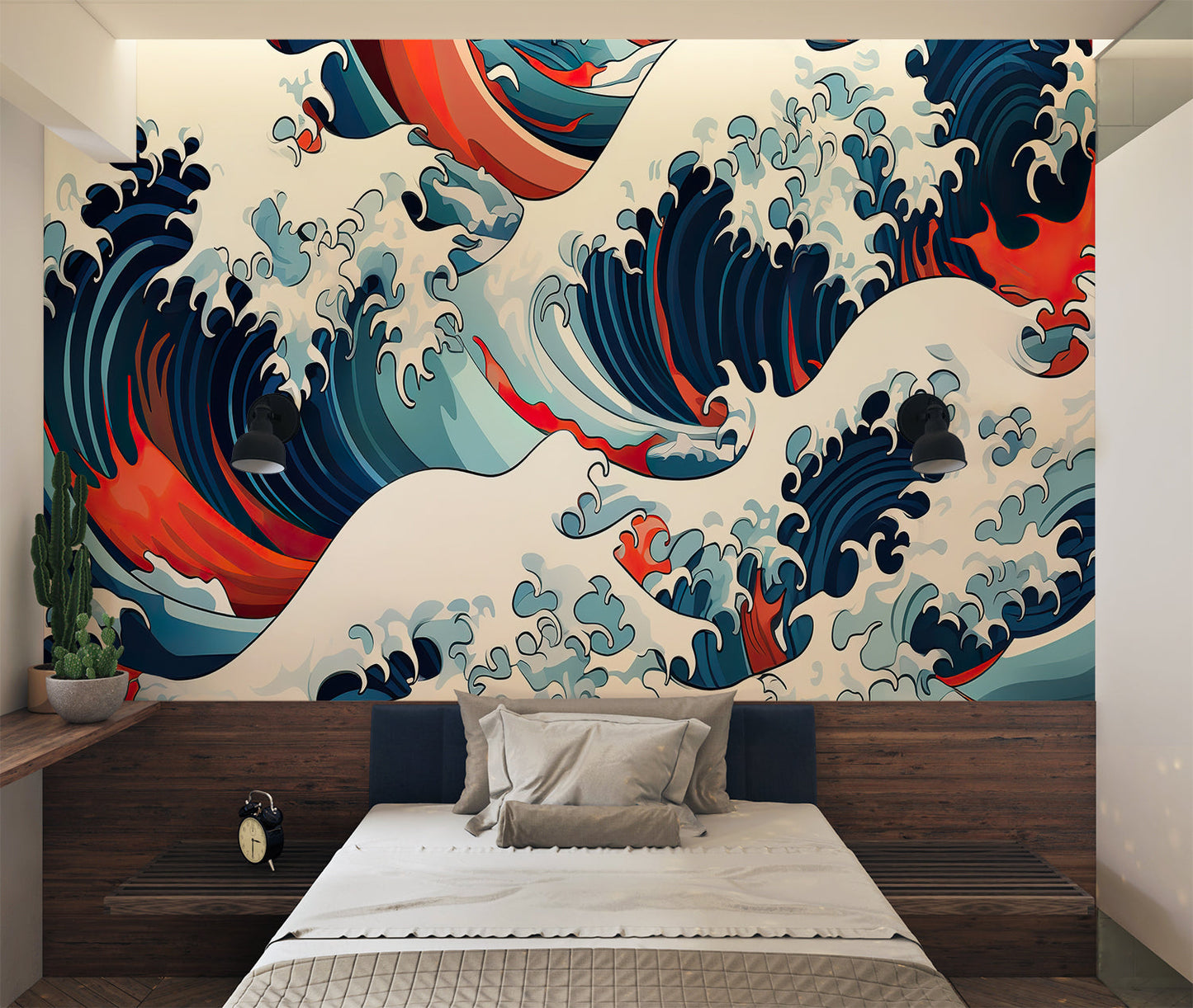 Papier Peint Japonais Vagues Dynamiques Bleu Marine et Rouge Example de Design 2