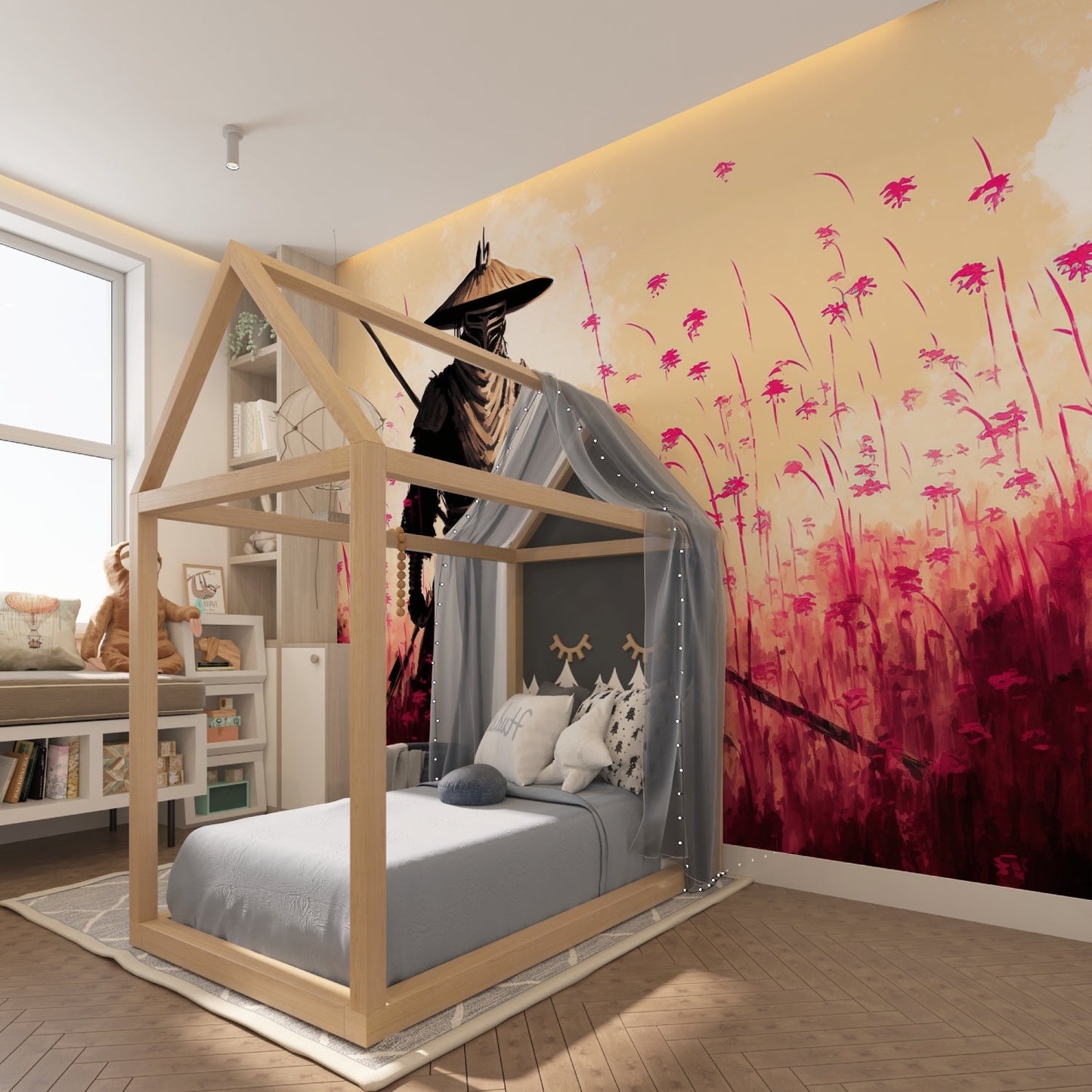 Papier Peint Japonais Samouraï dans un Champ de Fleurs Rose Example de Design 2