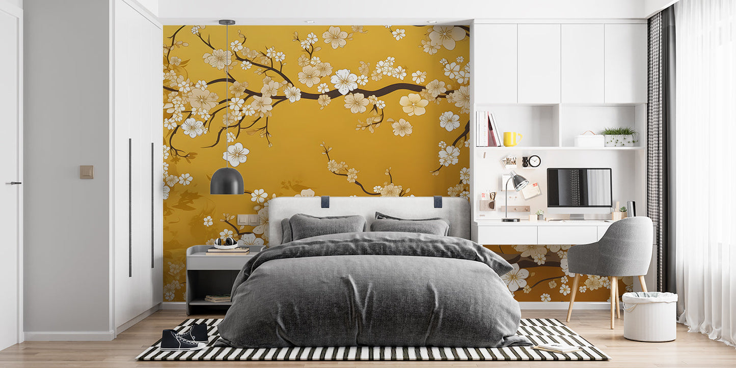 Papier Peint Japonais Fleurs de Cerisier sur Fond Doré Example de Design 2