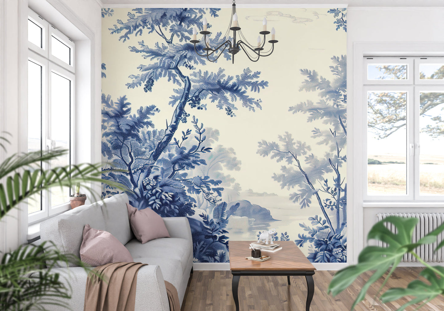 Papier Peint Toile de Jouy Arbre Délicat Bleu sur Fond Crème Example de Design 2