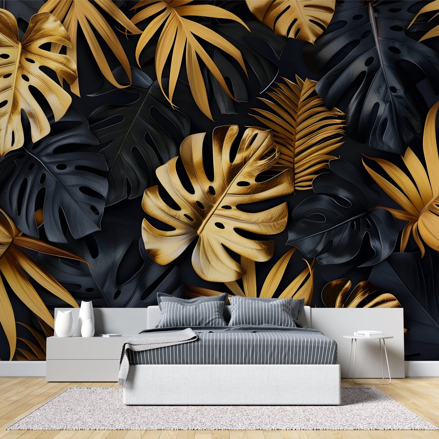 Papier Peint Tropical Feuilles de Monstera Noir et Or Example de Design 2