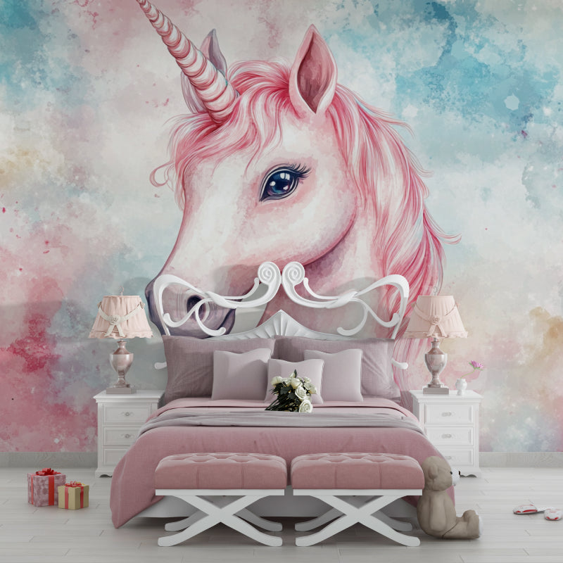 Papier Peint Licorne Portrait Aquarelle Rose et Bleu Magique Example de Design 2