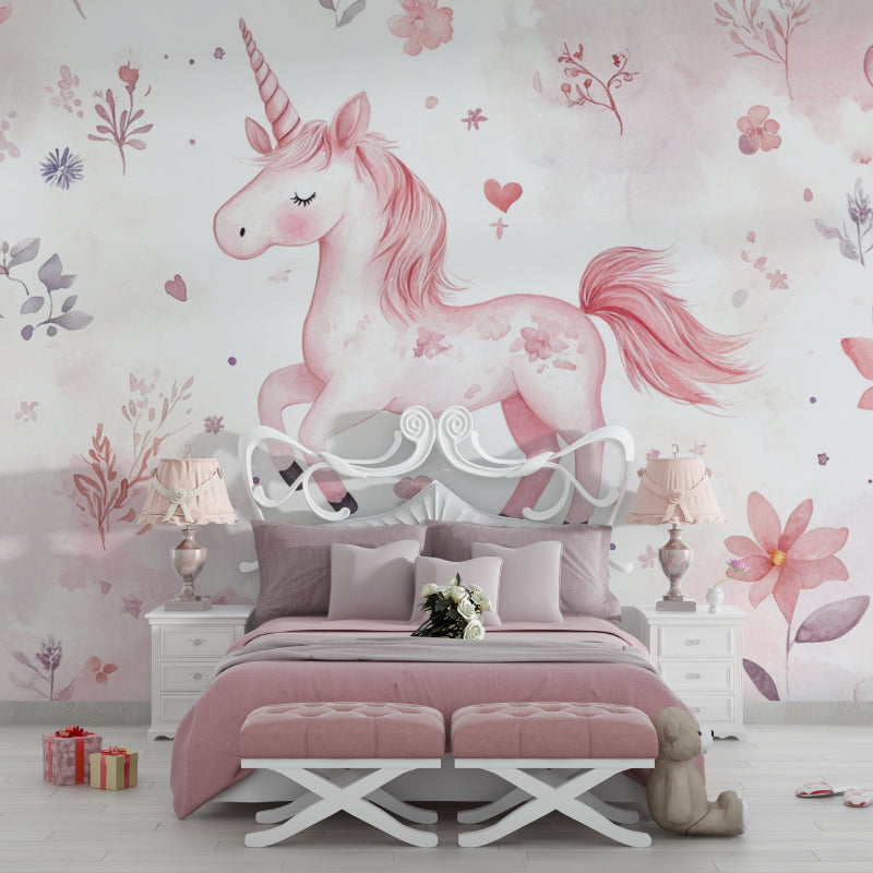 Papier Peint Licorne Aquarelle Rose avec Fleurs et Nuages Example de Design 2