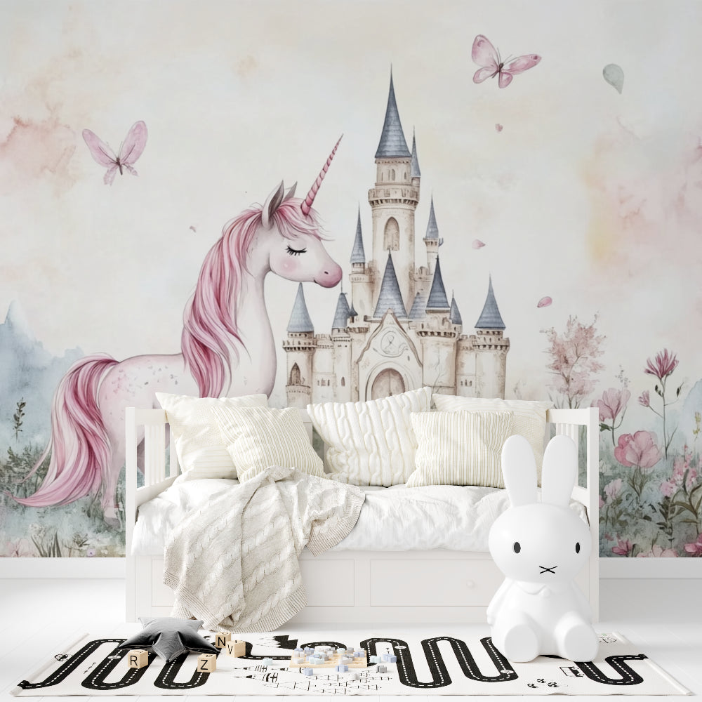 Papier Peint Licorne Château Féerique et Papillons Rose Pastel Example de Design 2
