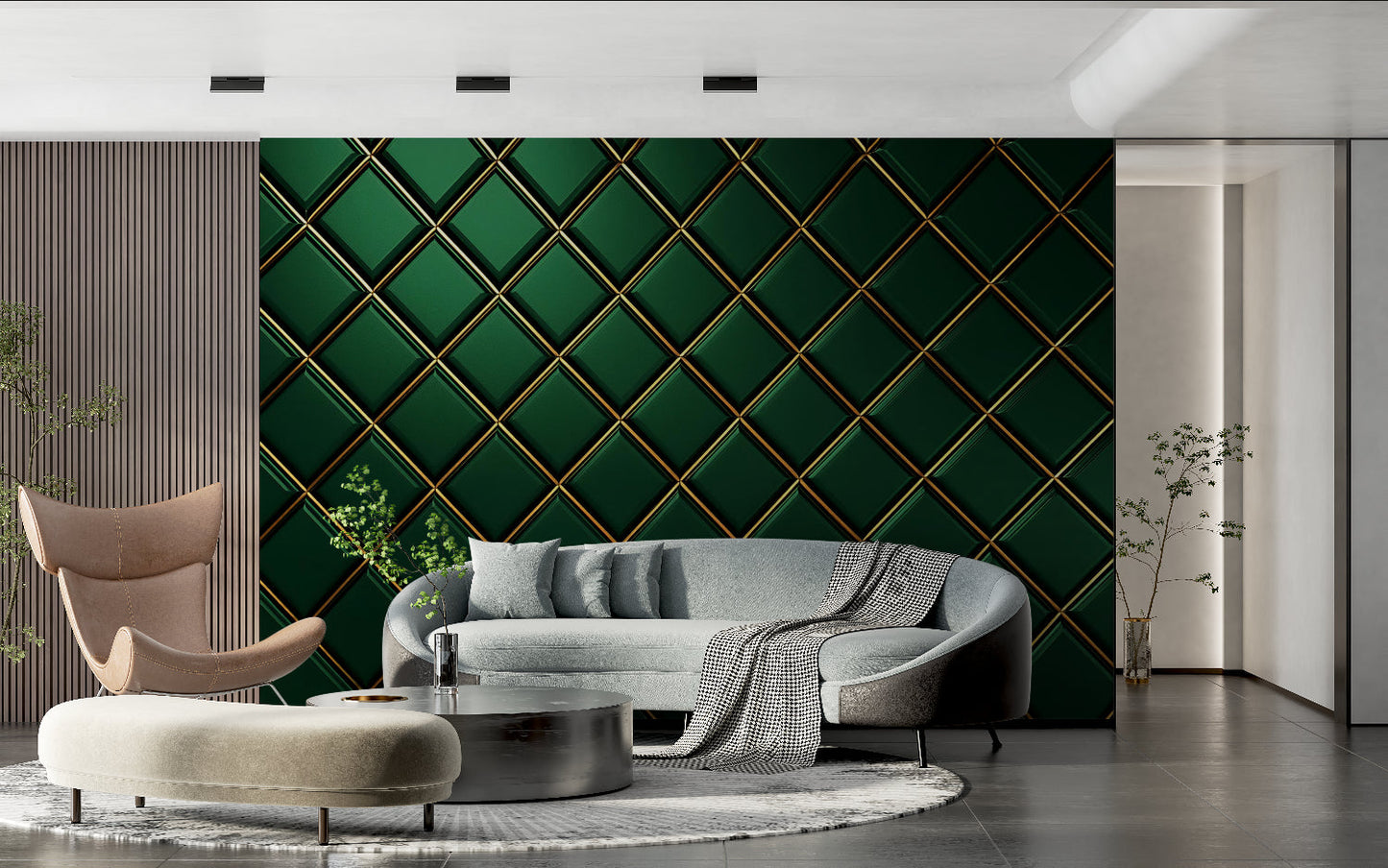 Papier Peint Géométrique Motif Diamant Vert et Doré Art Déco Example de Design 2