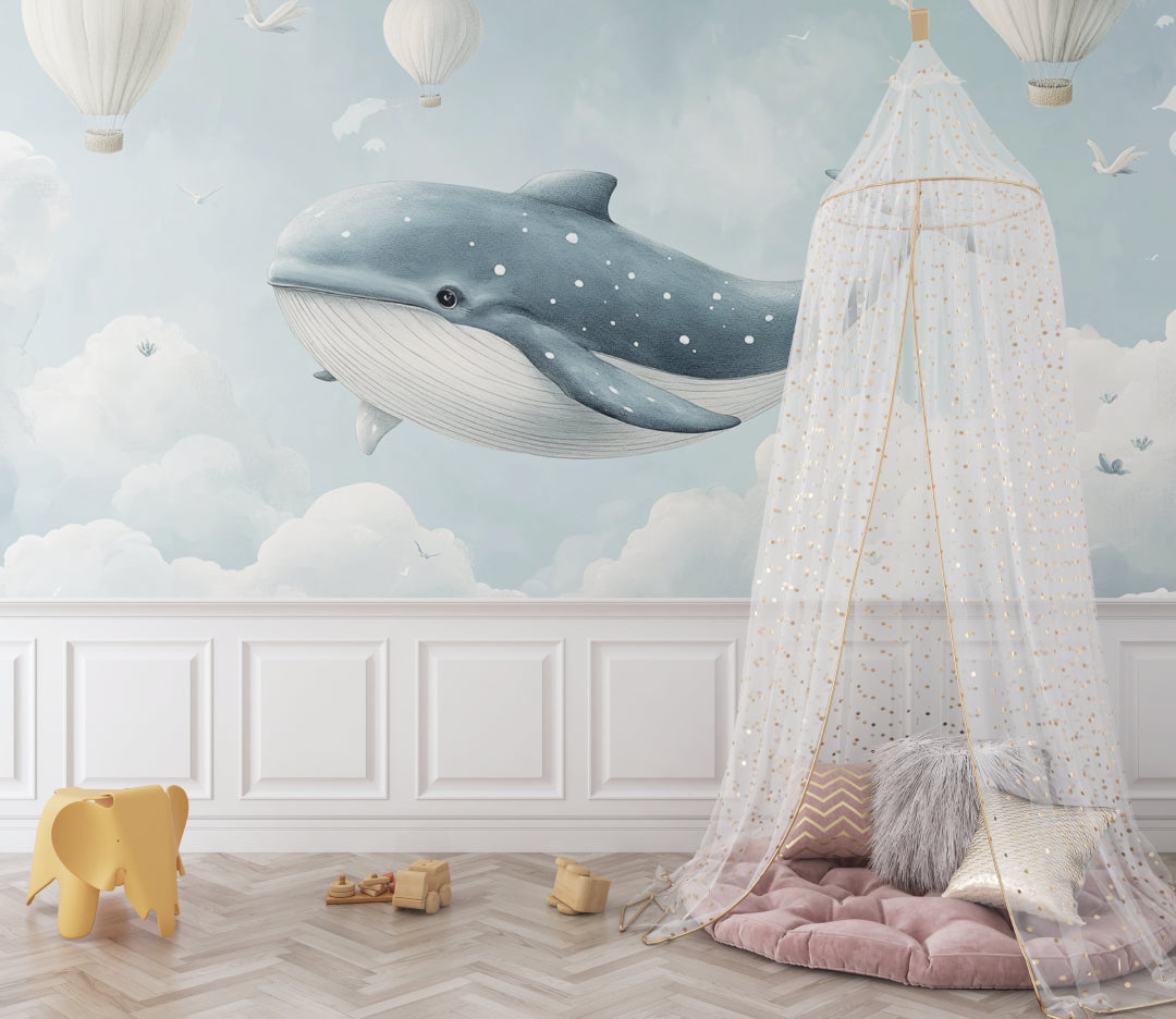 Papier Peint Baleine Scène Féérique avec Montgolfières et Nuages Example de Design 2