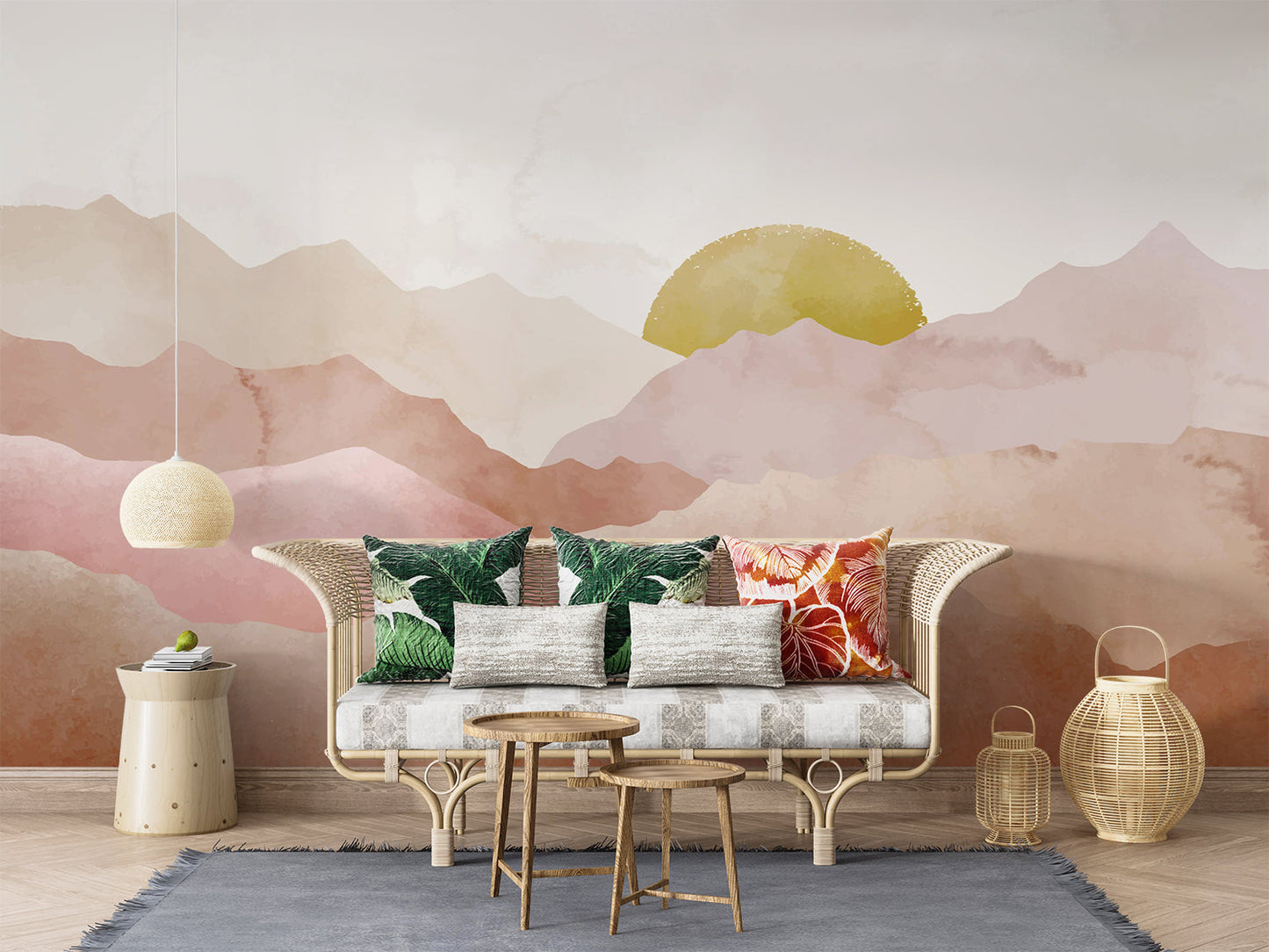 Papier Peint Montagne Paysage Aquarelle Terracotta et Soleil Doré Example de Design 2