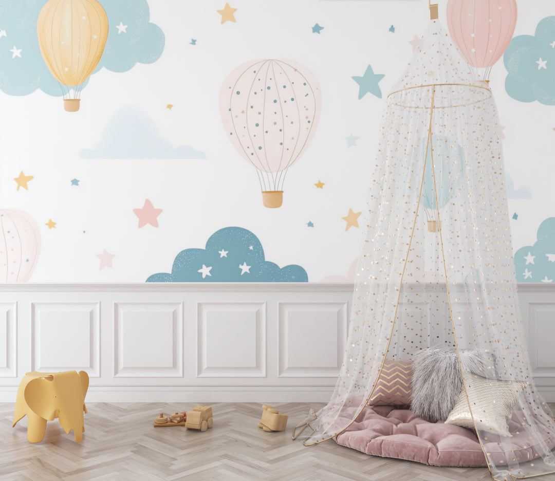 Papier Peint Montgolfière Ciel Pastel avec Étoiles et Nuages Example de Design 2