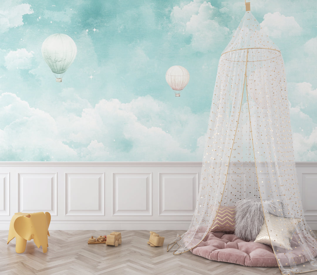 Papier Peint Montgolfière Ciel Turquoise et Nuages Féeriques Example de Design 2