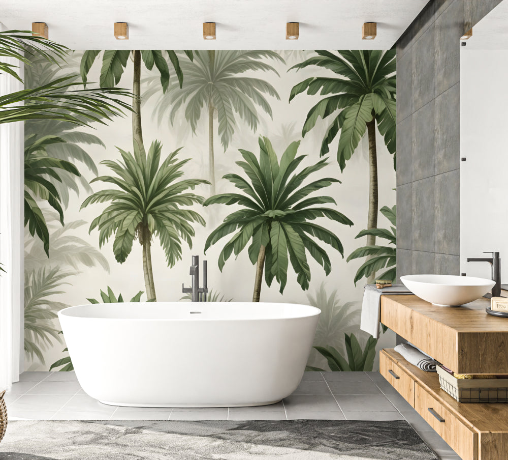 Papier Peint Palmier Fresque Tropicale Luxuriante sur Fond Ivoire Example de Design 2