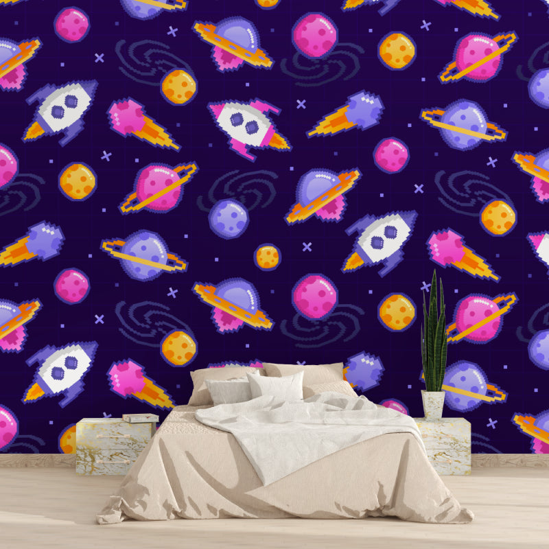 Papier Peint Espace Fusées et Planètes Style Pixel Art Example de Design 2