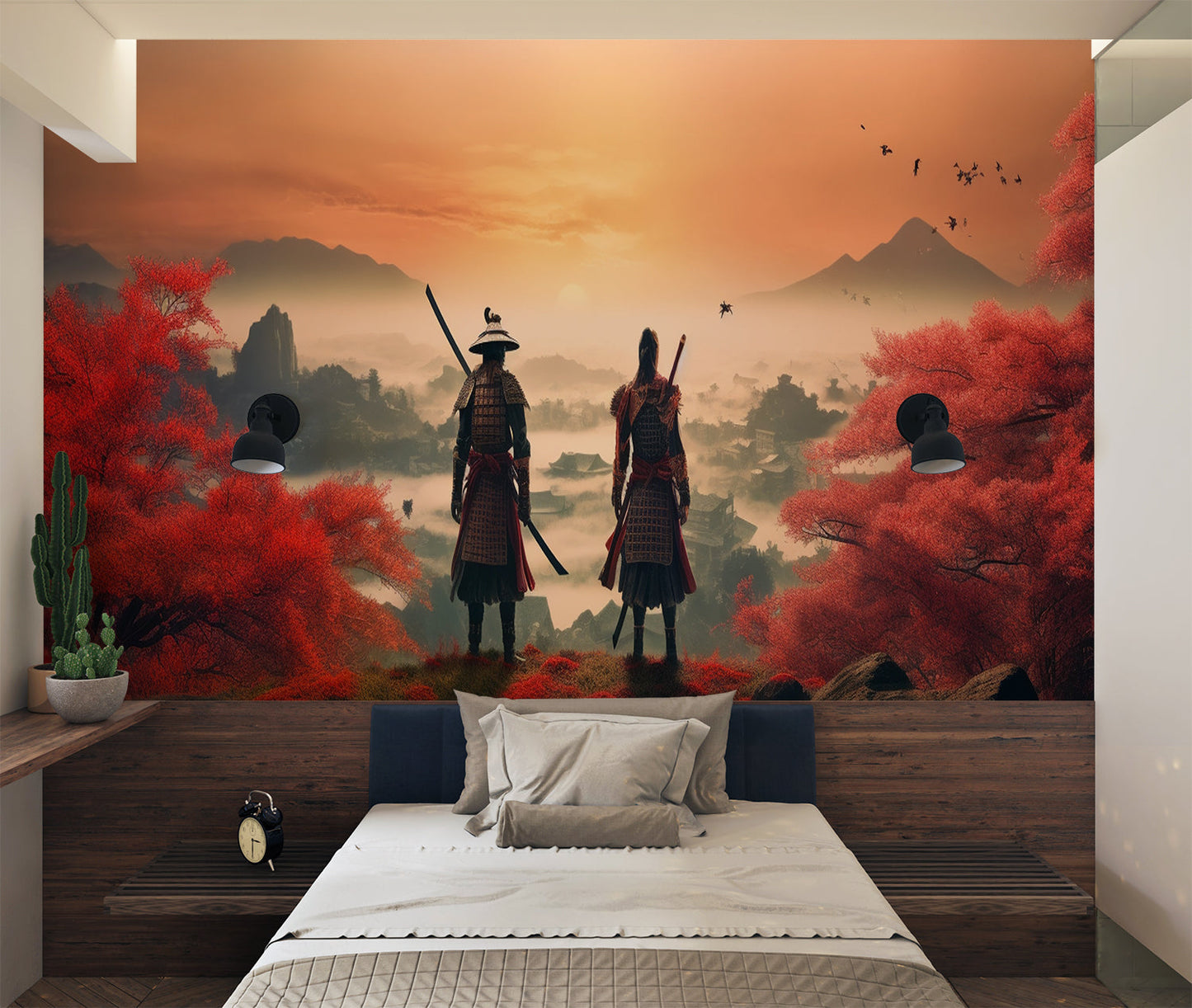 Papier Peint Japonais Samouraïs dans la Forêt dÉrables Rouges Example de Design 2
