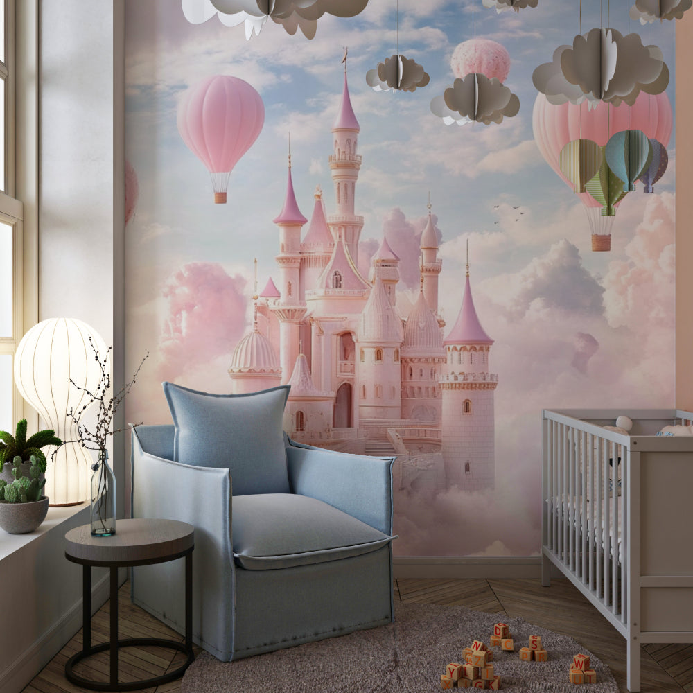 Papier Peint Château de Princesse Montgolfières Roses dans les Nuages Example de Design 2