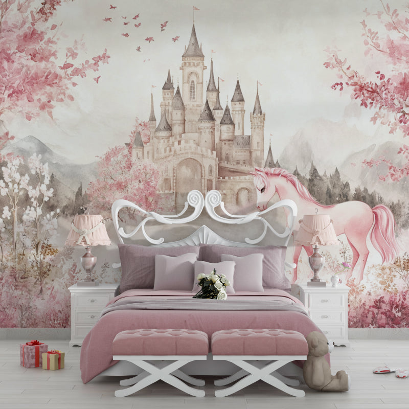 Papier Peint Château Licorne Fresque Aquarelle Rose Princesse Example de Design 2