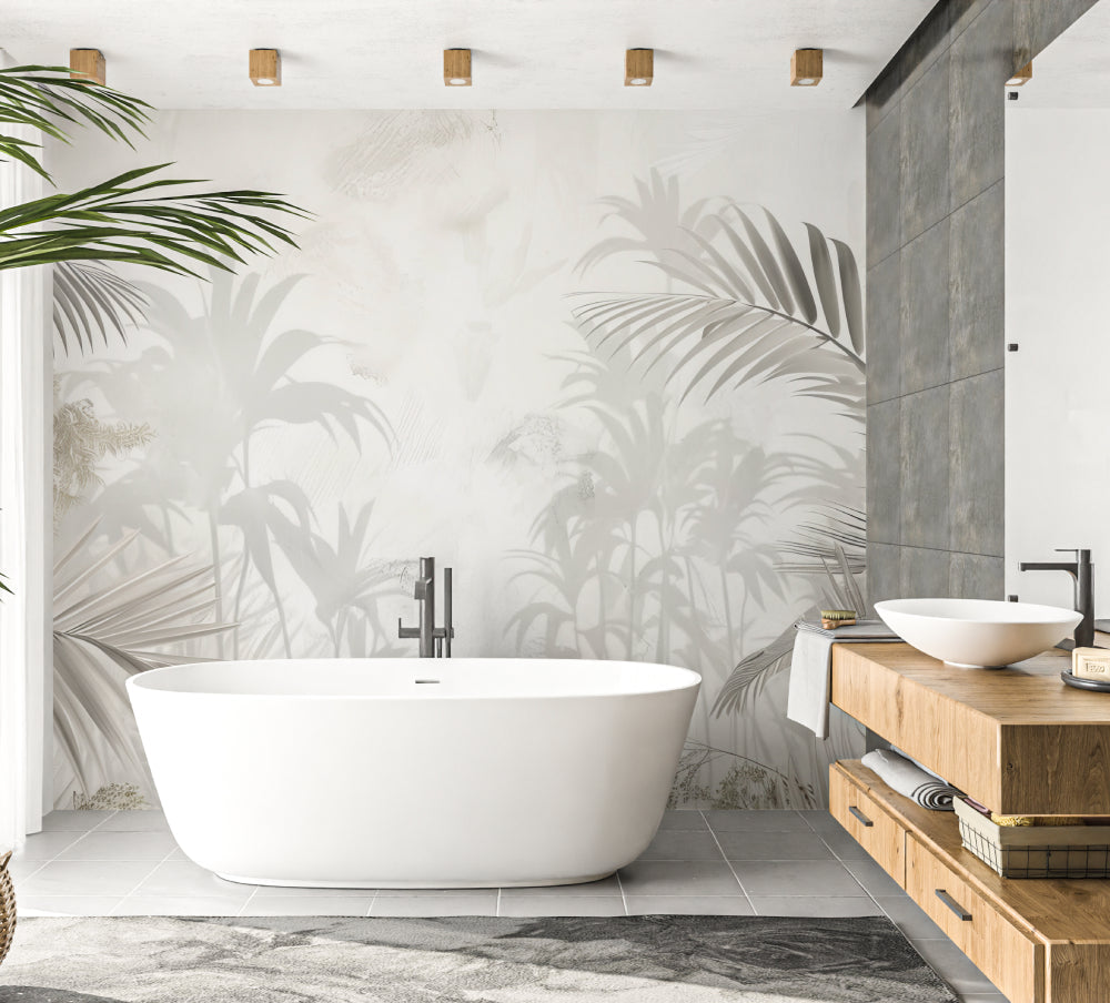 Papier Peint Palmier Feuillage Tropical en Nuances Beiges Example de Design 2