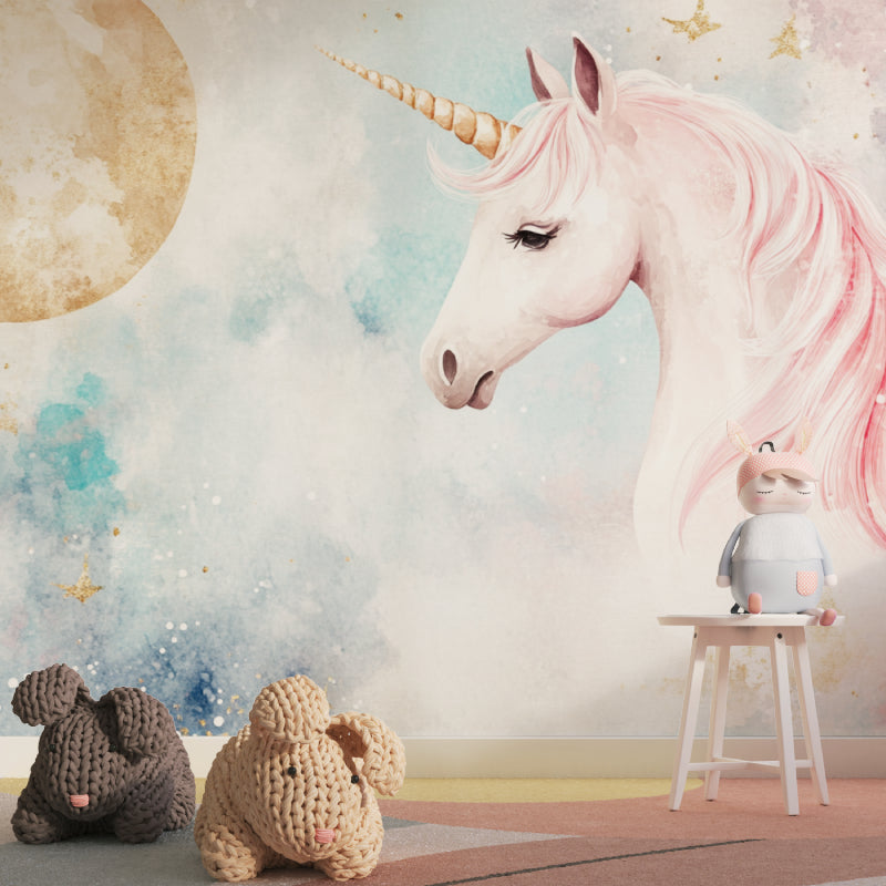 Papier Peint Licorne Aquarelle Rose et Lune Dorée Example de Design 2