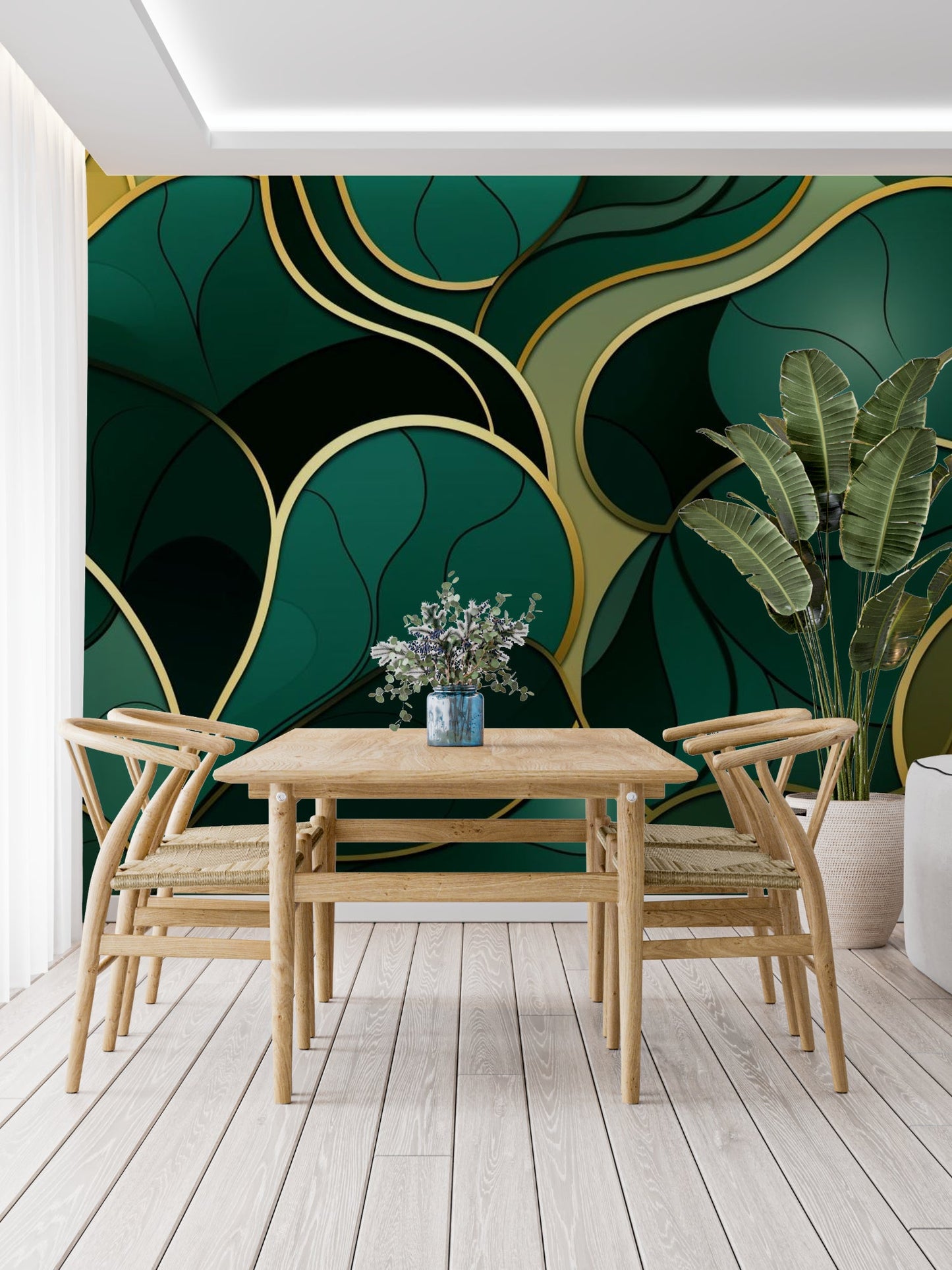 Papier Peint Art Déco Feuillage Émeraude et Lignes Dorées Example de Design 2