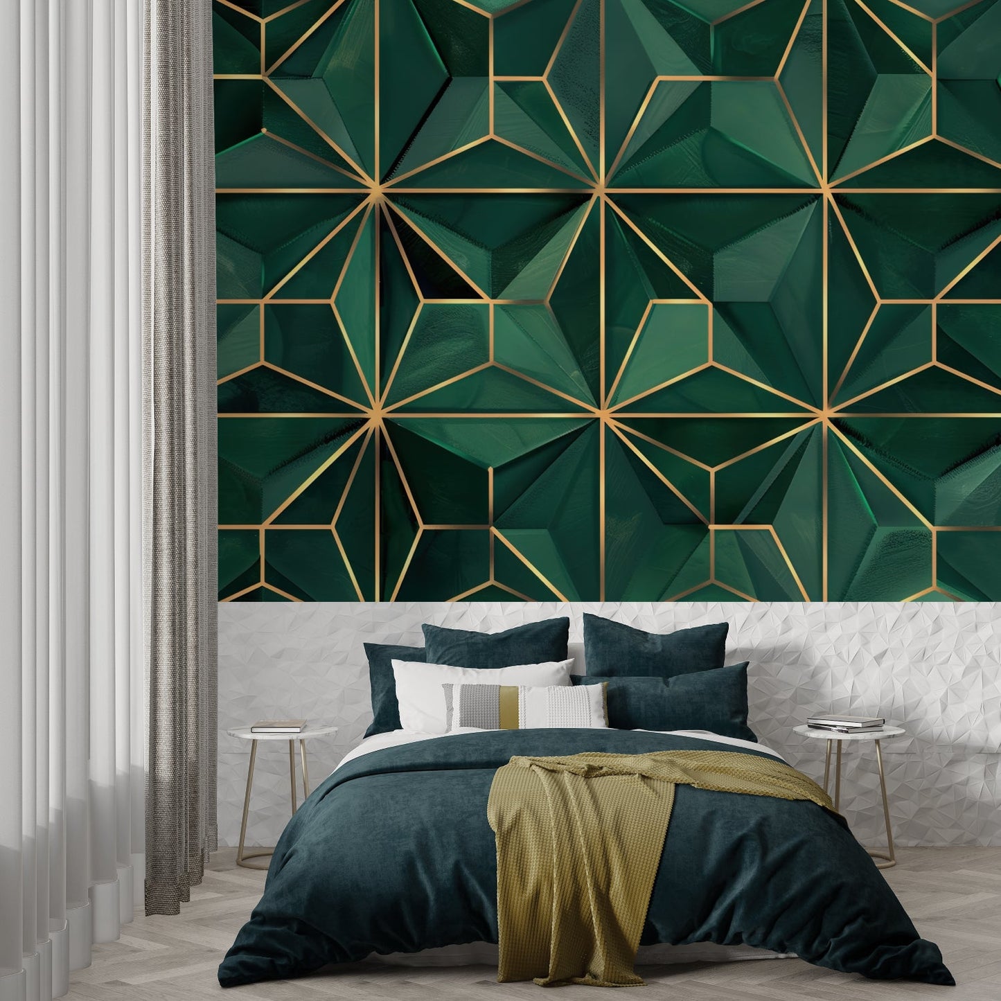 Papier Peint Art Déco Motif Géométrique Vert Émeraude et Or Example de Design 2