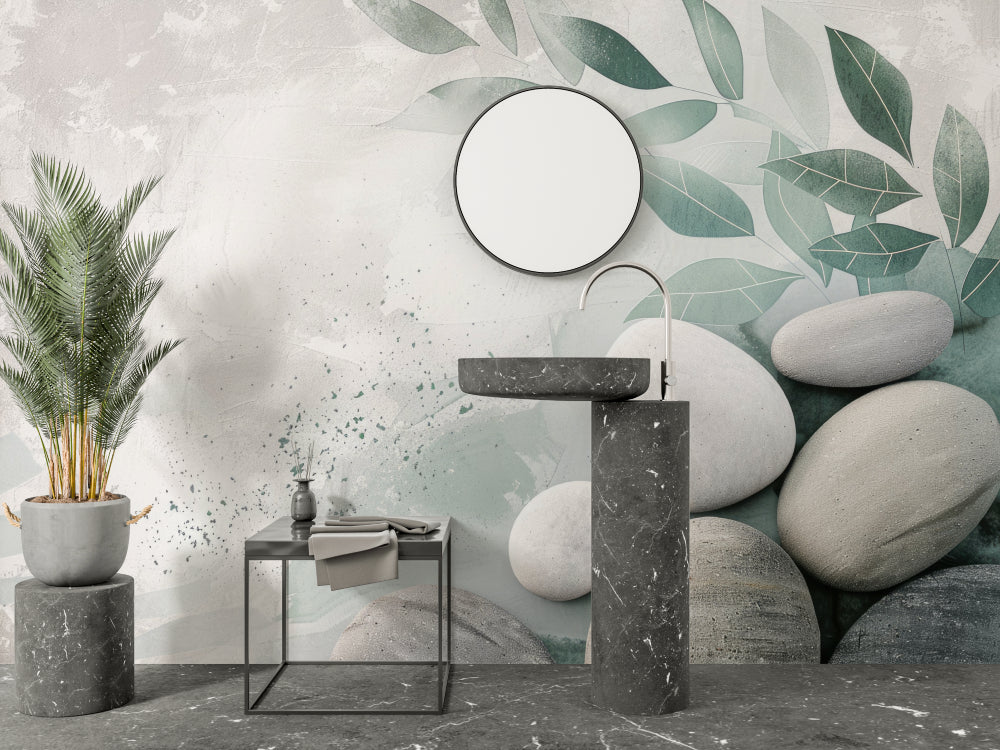 Papier Peint Zen Feuilles de Sauge et Galets Naturels Example de Design 2