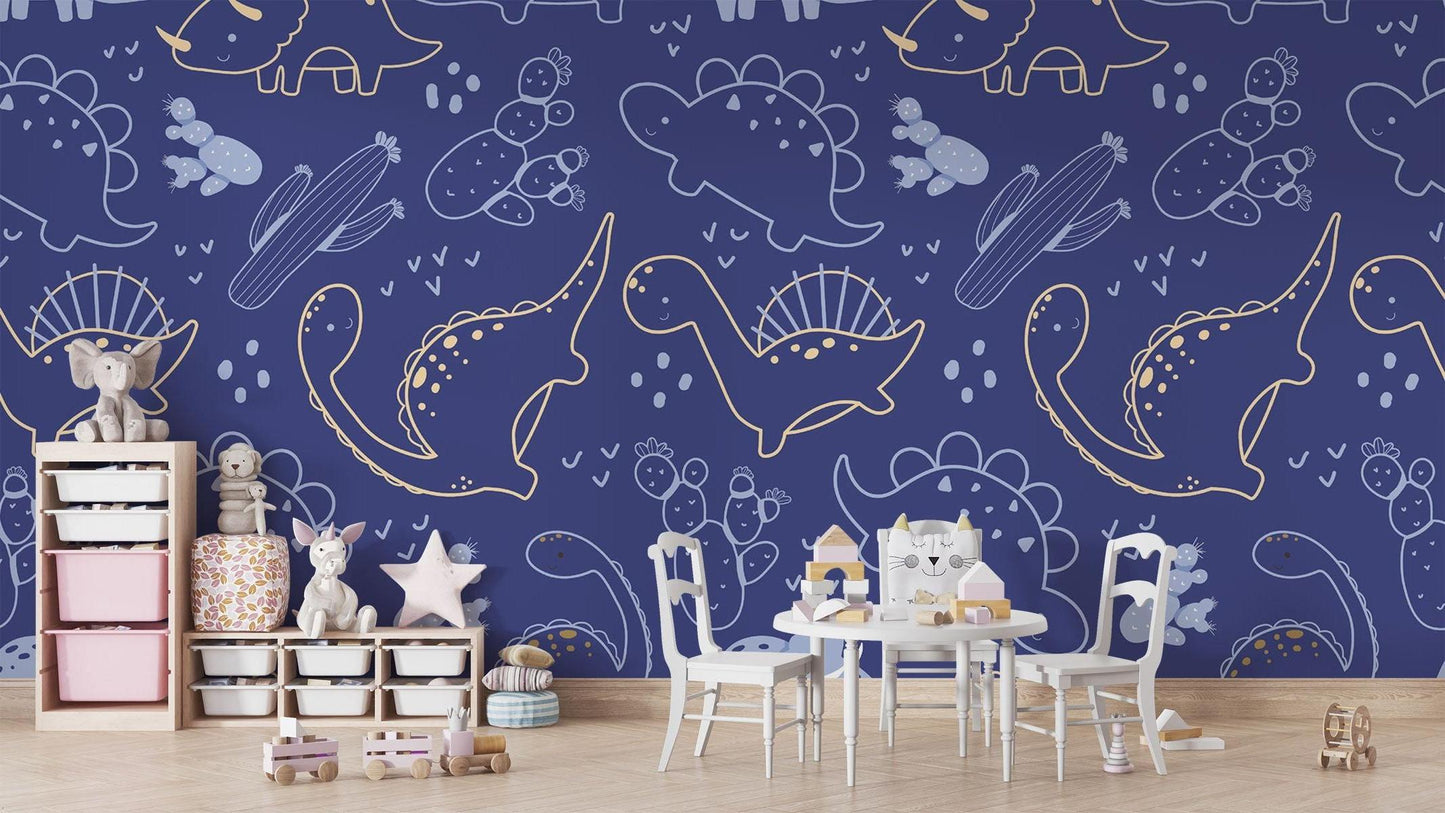 Papier Peint Dinosaure Motif Ligne Art Bleu Marine et Doré Example de Design 3