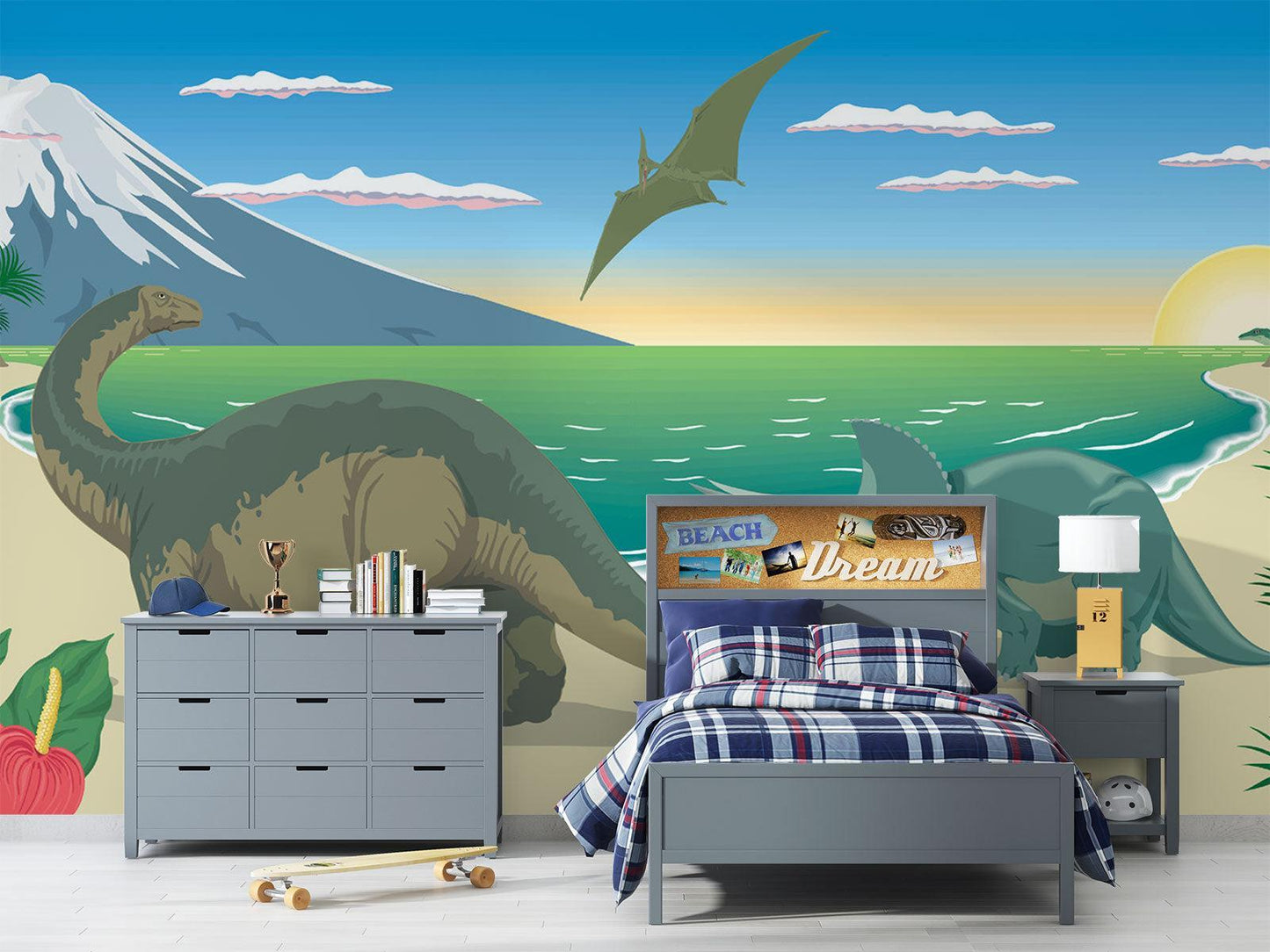 Papier Peint Dinosaure Paysage Préhistorique avec Montagnes et Océan Example de Design 3