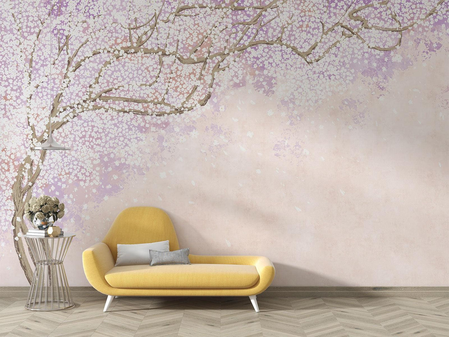 Papier Peint Cerisier Japonais Branches de Sakura Rose et Lavande Example de Design 3