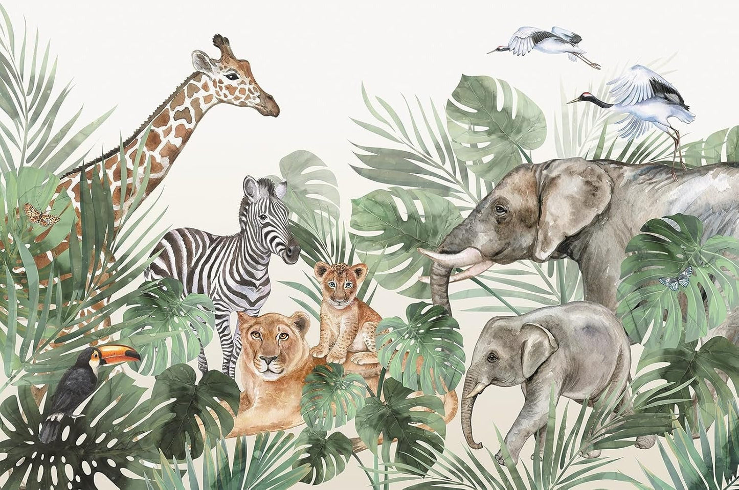 Papier Peint Safari Fresque Aquarelle Animaux et Feuillages Tropicaux