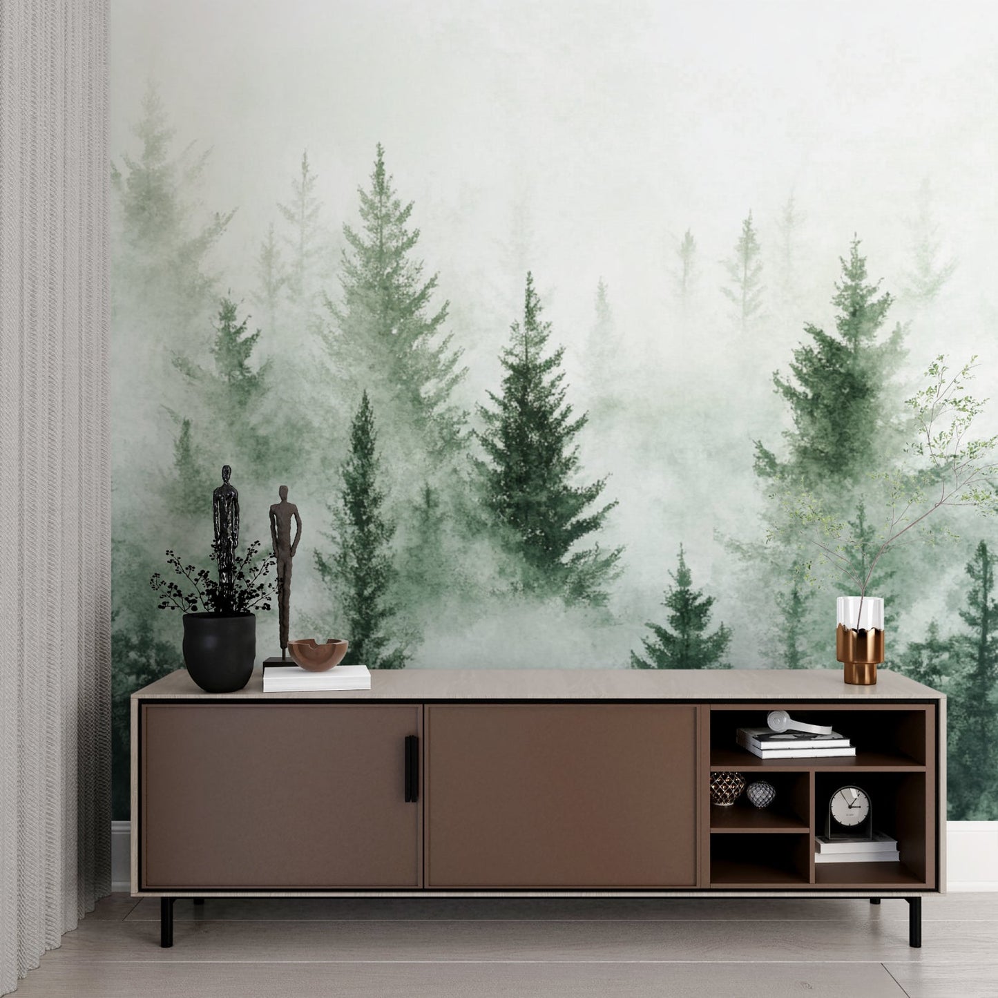 Papier Peint Forêt Pins dans la Brume Aquarelle Example de Design 3