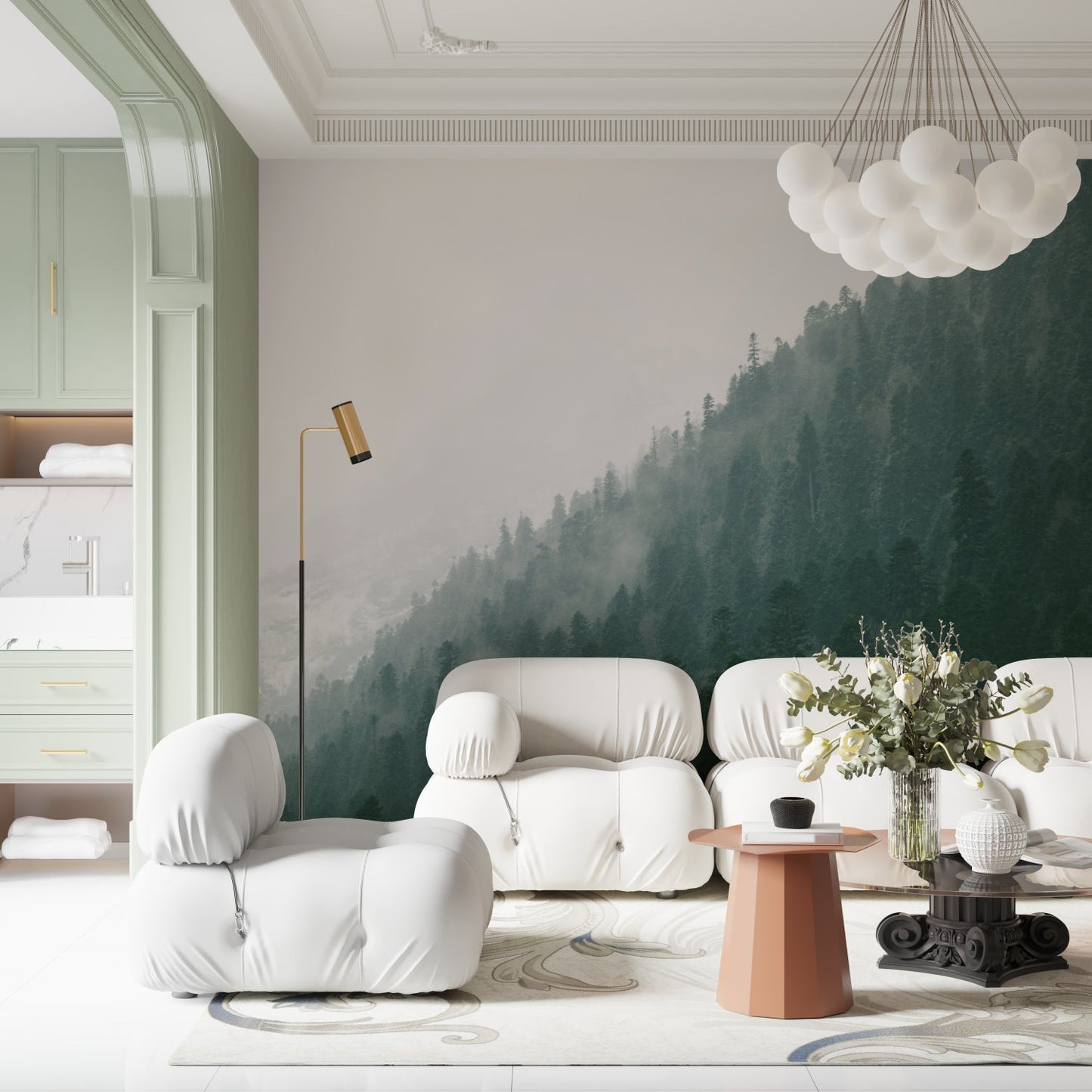 Papier Peint Forêt Pins Brumeux dans les Montagnes Example de Design 3
