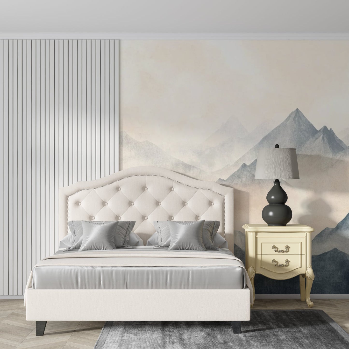 Papier Peint Montagne Paysage Aquarelle aux Sommets Brumeux Example de Design 3