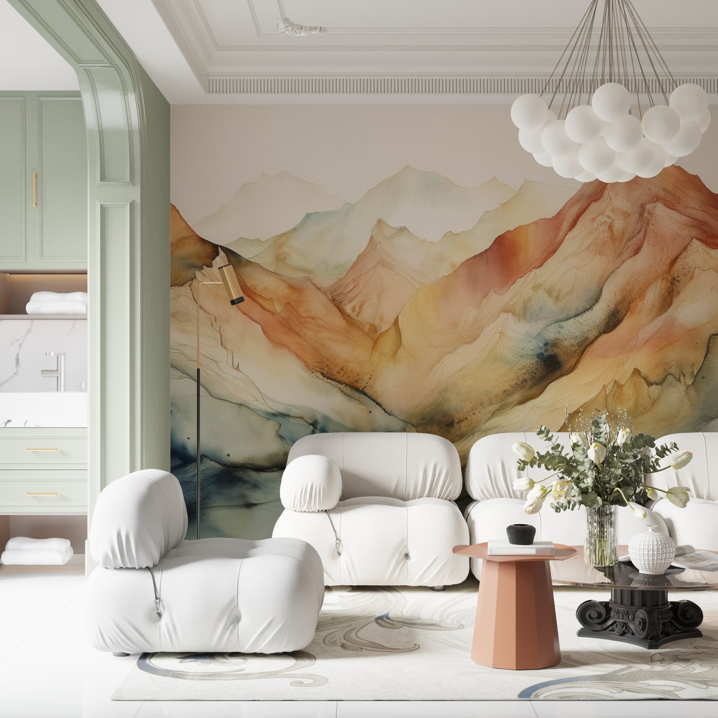 Papier Peint Montagne Paysage Aquarelle Terracotta et Beige Example de Design 3