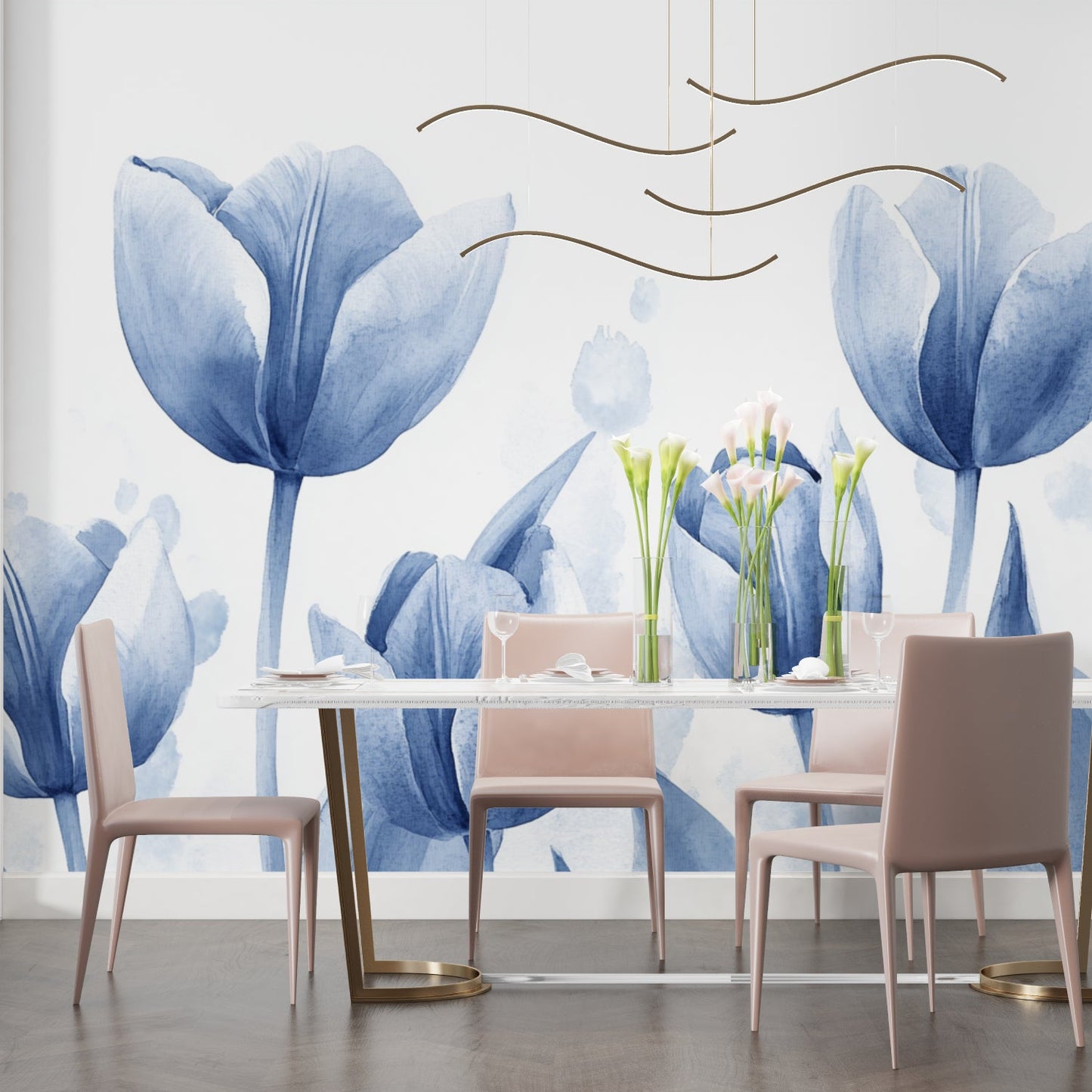 Papier Peint Tulipes Aquarelle Florale Bleu Azur Example de Design 3