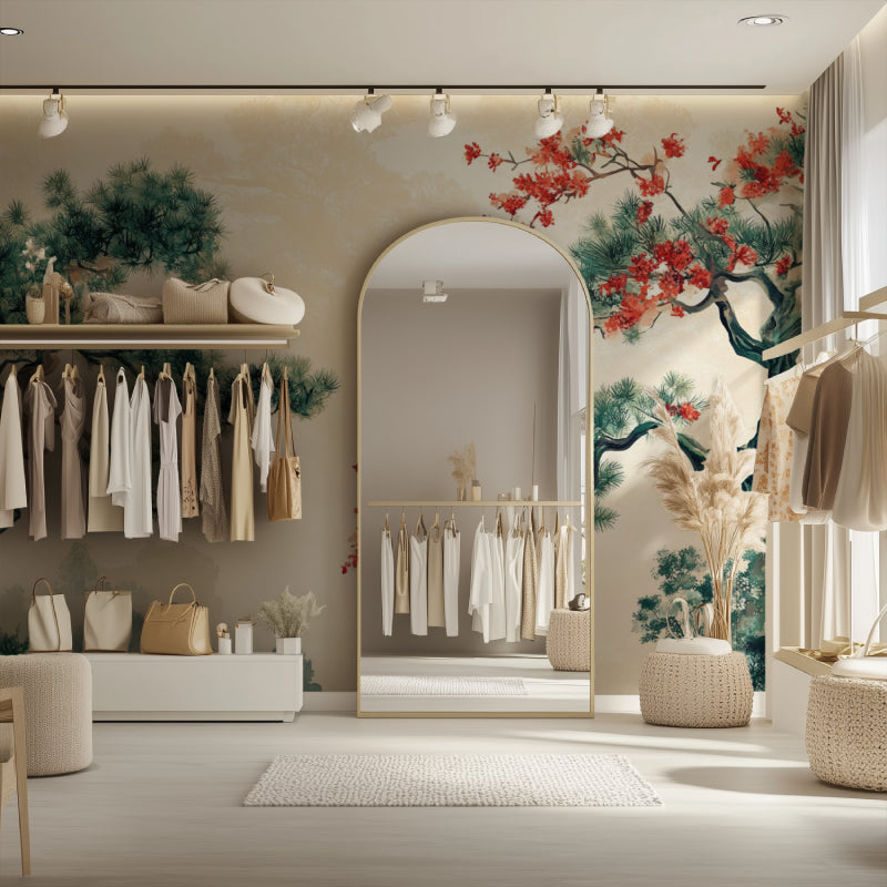 Papier Peint Japonais Pin et Cerisier en Fleurs Style Asiatique Example de Design 2