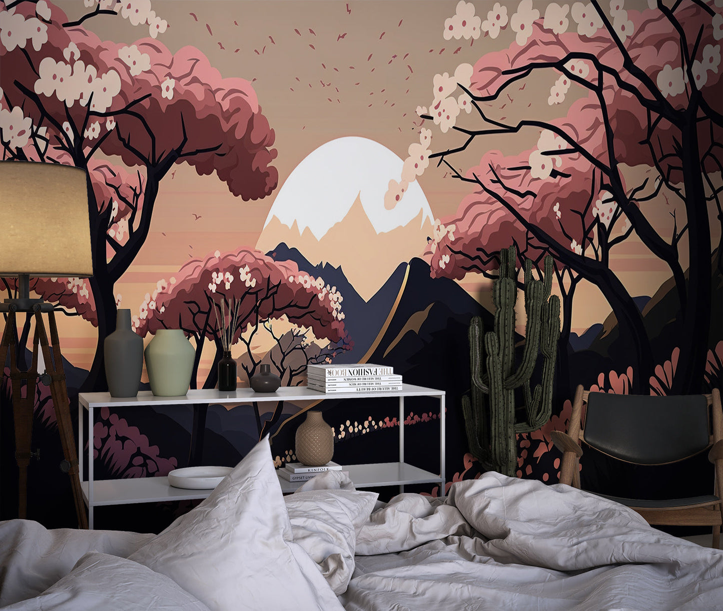 Papier Peint Japonais Cerisiers en Fleurs et Mont Enneigé au Coucher du Soleil Example de Design 3