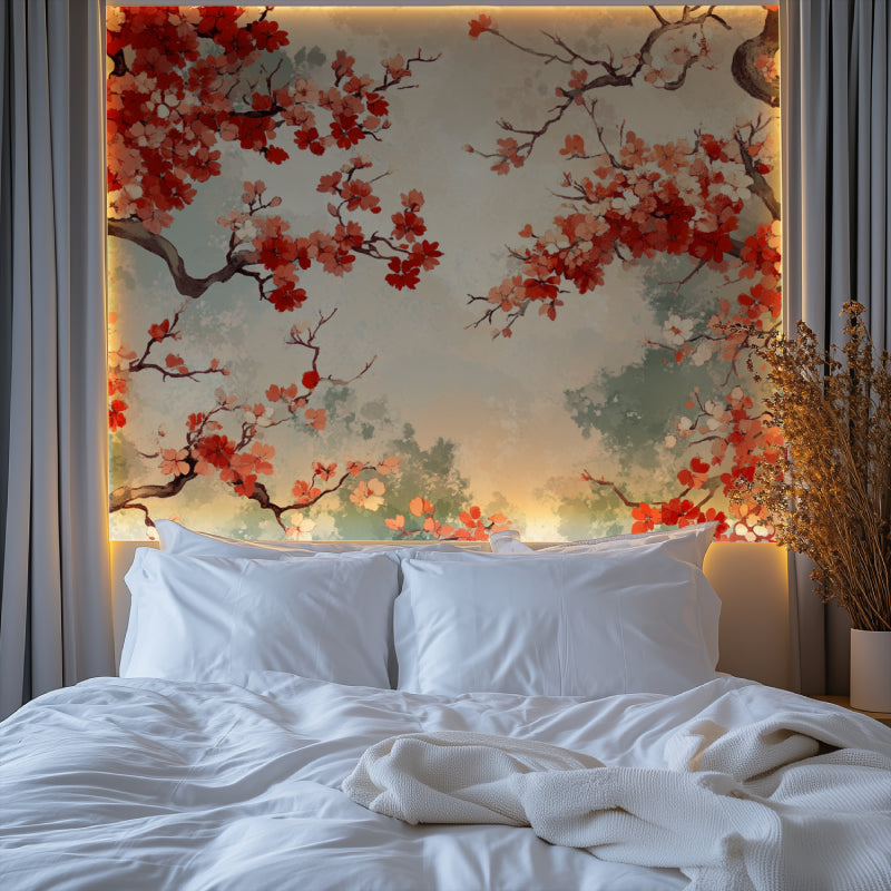Papier Peint Japonais Cerisiers en Fleurs Rouge et Beige Example de Design 2
