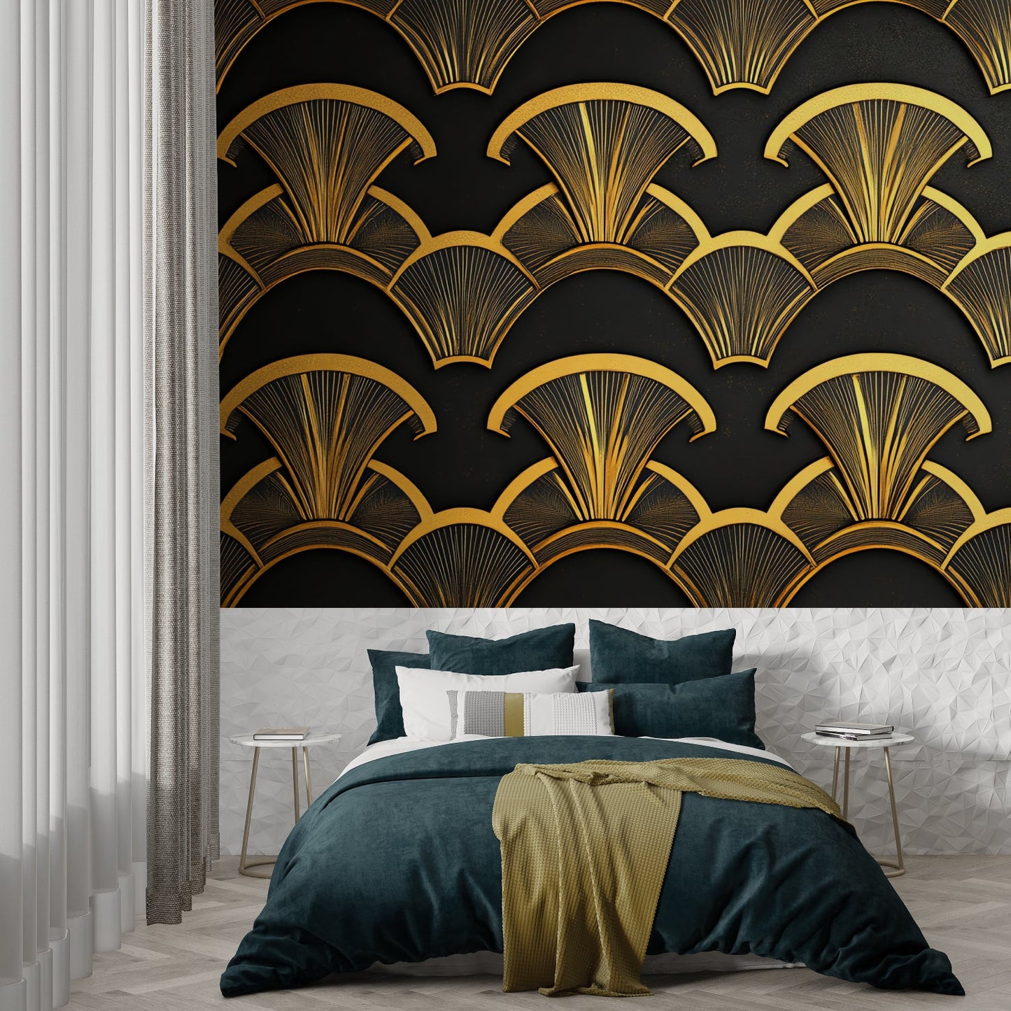 Papier Peint Art Déco Motif Éventail Noir et Doré Example de Design 3